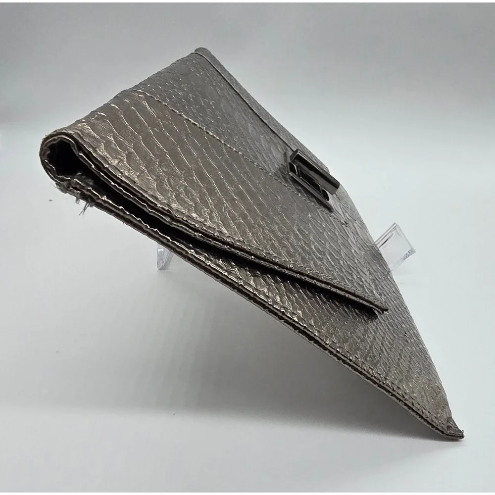 MMS Metallic Snakeskin Embossed Clutch Evening Bag Gunmetal Chain Strap